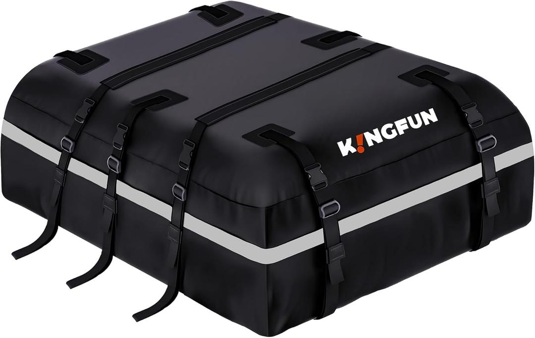 Kingfun Car Rooftop Cargo Carrier Waterproof 20 Cubic Feet Car Roof Bag Fit All Vehicles with/Without Roof Racks, Includes Anti-Slip Mat, 8 Reinforced Straps & 6 Door Hooks, Luggage LocksBlack