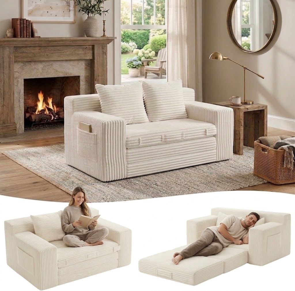 54” Boneless Couch Sofa Bed, Loveseat Cloud Couch, Sleeper Sofa with Storge and Handle, Convertible Pull Out Floor Bed, Couches for Living Room, Bedroom, Small Space, No Assembly Required (Beige)