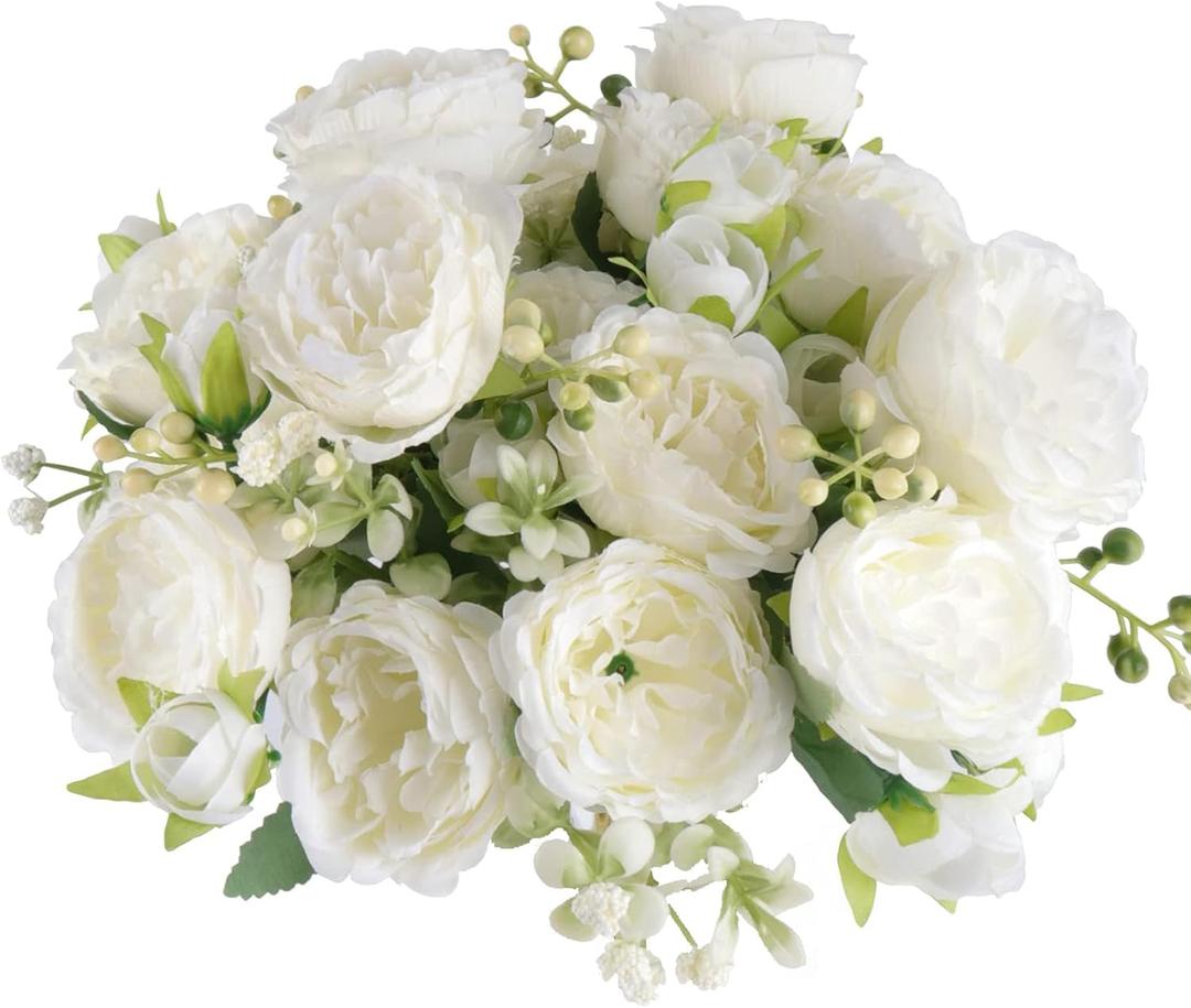 4 Bunches Peony Artificial Flowers White Flowers Silk Peonies Bouquets for Wedding Party Table Centerpieces Floral Arrangement Home Kitchen Decor