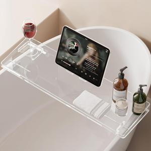 Bathtub Tray, Acrylic Bath Caddy with Adjustable Lock - Sweet Gift for Birthdays, Weddings, Anniversaies, and Housewarmings, Clear
