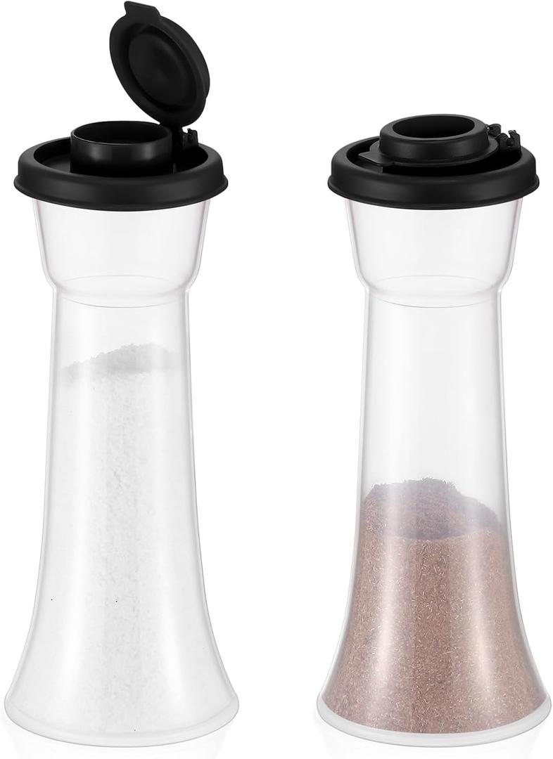Baderke 2 Set Plastic Salt and Pepper Shakers Hourglass Salt and Pepper Shakers with Lids Large Covered for Camping Outdoor Lunch Home Kitchen Restaurant(Black)