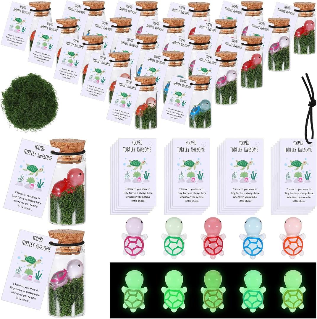 24Set Employee Appreciation Gifts Inspirational Mini Luminous Turtle Greeting Cards with Glass Bottle, Staff Appreciation Gifts Bulk Resin Turtle for Christmas Team Gift for Employees