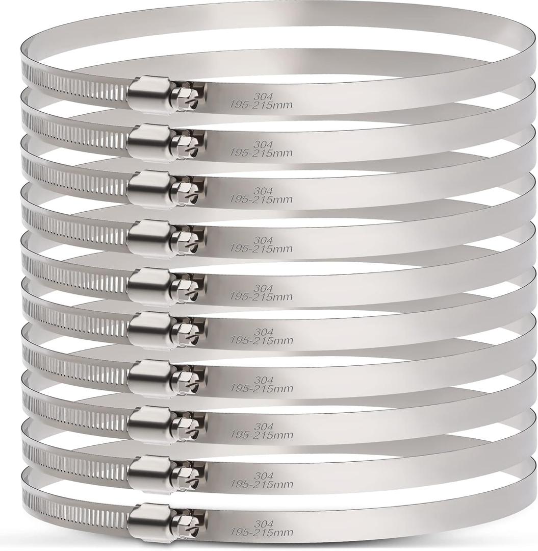 OURU Large Hose Clamps, 10 Pack 8 Inch Stainless Steel Hose Clamps Adjustable from 7-3/4"-8-1/2"/195-215mm, Metal Worm Gear Duct Clamp for Air Ducting, Dryer Vent Hose, Fuel Line, Automotive