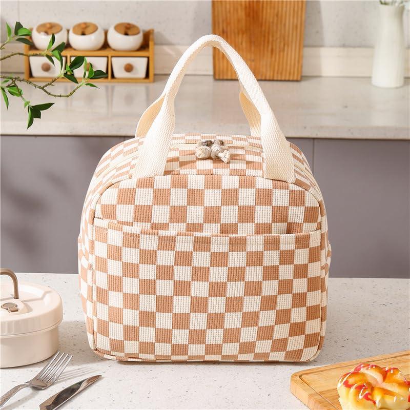 2 x Cute Corduroy Lunch Box for Women, Insulated Leakproof Cooler Lunch Tote Bags for Work Office Travel Picnic, Lightweight Reusable Lunch Bag (Coffee Checkered)