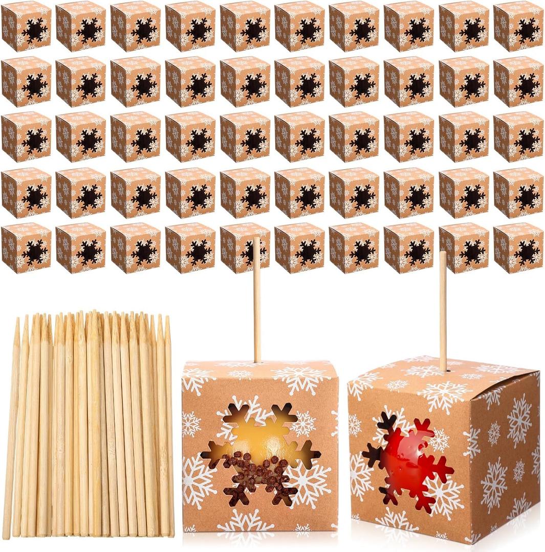 Ctosree 50 Sets Christmas Candy Apple Boxes with Hole and Stick 4 x 4 x 4 Caramel Apple Box Kit Cake Cookies Gift Packaging with Clear Window for Wedding Winter Xmas Party Supplies (Snowflake)