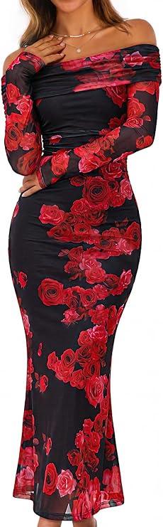 MEROKEETY Women's Fall Off Shoulder Floral Maxi Dresses Formal Long Sleeve Bodycon Cocktail Wedding Guest Dress, Wine, Large