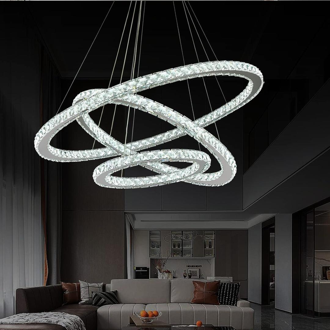 Siljoy LED Chandelier, Modern Ceiling Light Fixture with 3 Crystal Chandelier Lighting Rings, DIY & 3-Color Changing 3 Rings Adjustable Chandeliers for Living Room Dining Room Kitchen, D 12"-20"-28"