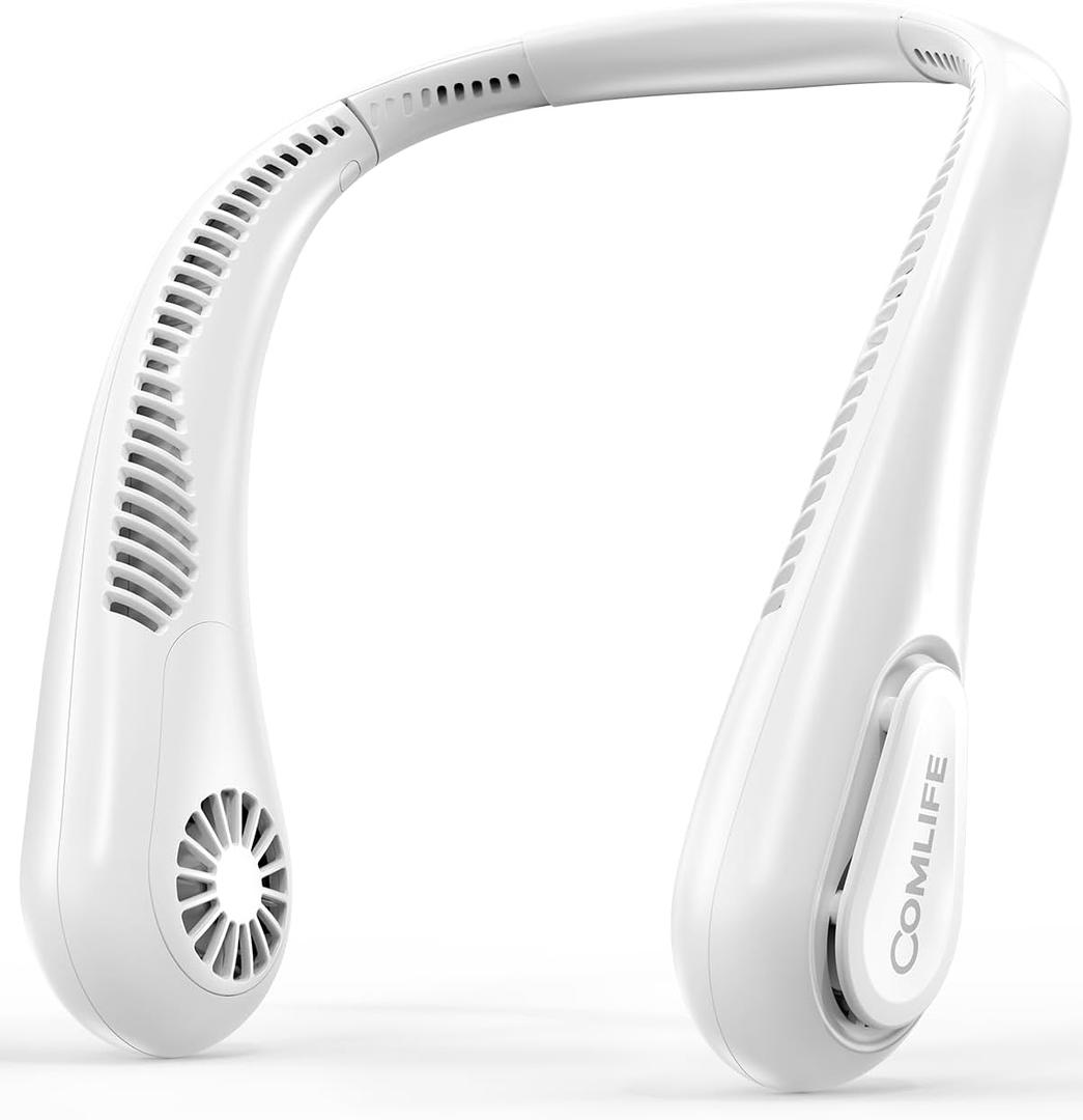Portable Bladeless Neck Fan, 5000mAh Rechargeable Battery, 3 Speeds, Workout Essential, 360Airflow, Twistable, Personal Wearable Neck Fan for Sports Outdoor Indoor, Gifts for Man Woman Family (White)