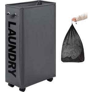 DOKEHOM 29-Inches Enlarged Slim Laundry Basket with Removable Wash Bag on Wheels, Collapsible Rolling Laundry Hamper, Foldable Narrow Corner Clothes Storage Bins (Dark Grey)