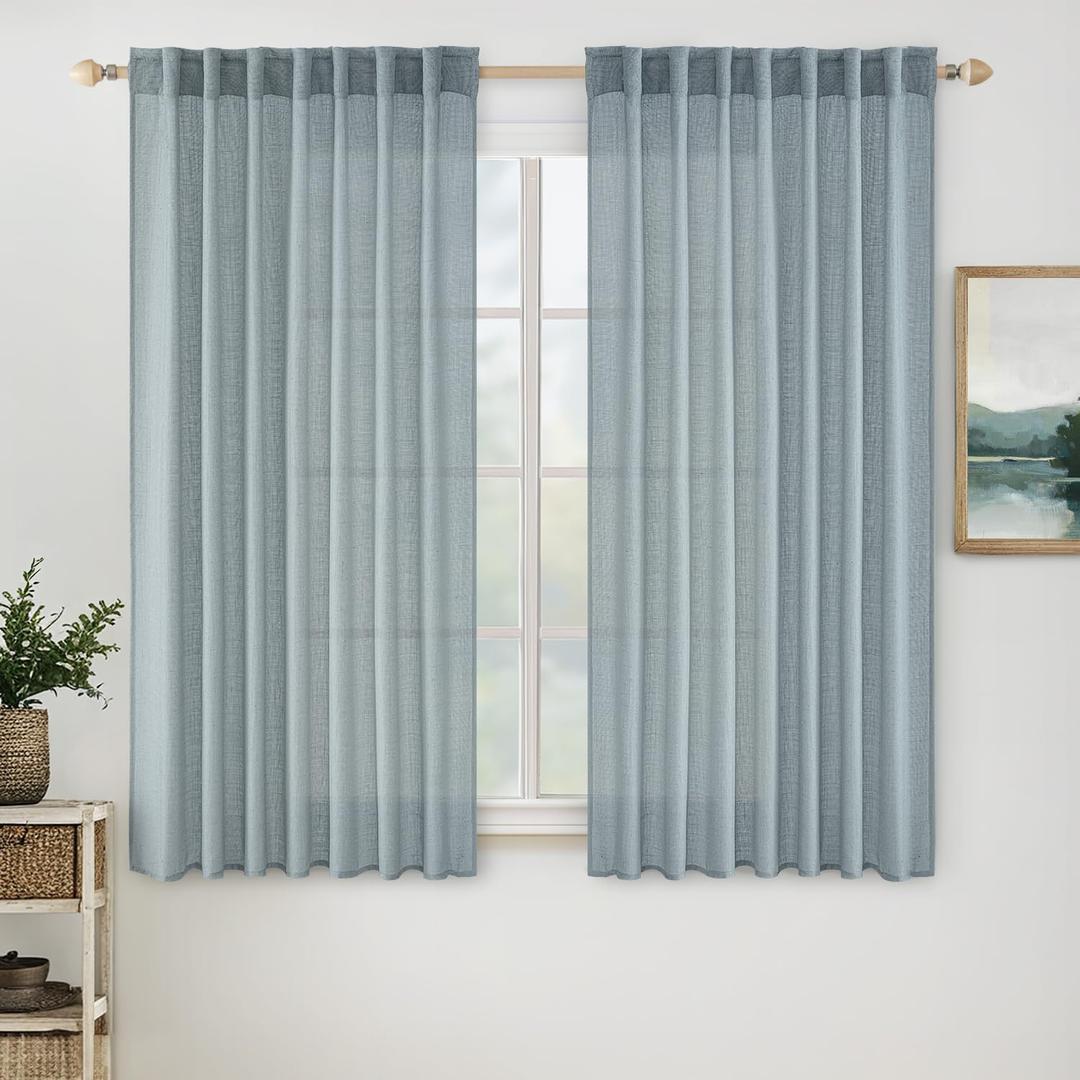 MIULEE Dusty Blue Short Linen Curtains 45 Inch Length 2 Panels for Kitchen Bedroom Bathroom, Soft Thick Linen Textured Basement Window Drapes Semi Sheer Light Filtering Back Tab Burlap Look Decor