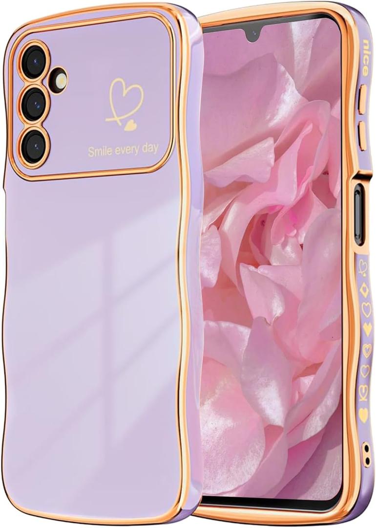NITITOP Compatible with Samsung Galaxy S23 FE Case Cute Luxury Women Girls Men with Love Heart Electroplated Pattern Curly Wave Frame Raised Camera Shockproof Protection Cover-Lavender Purple