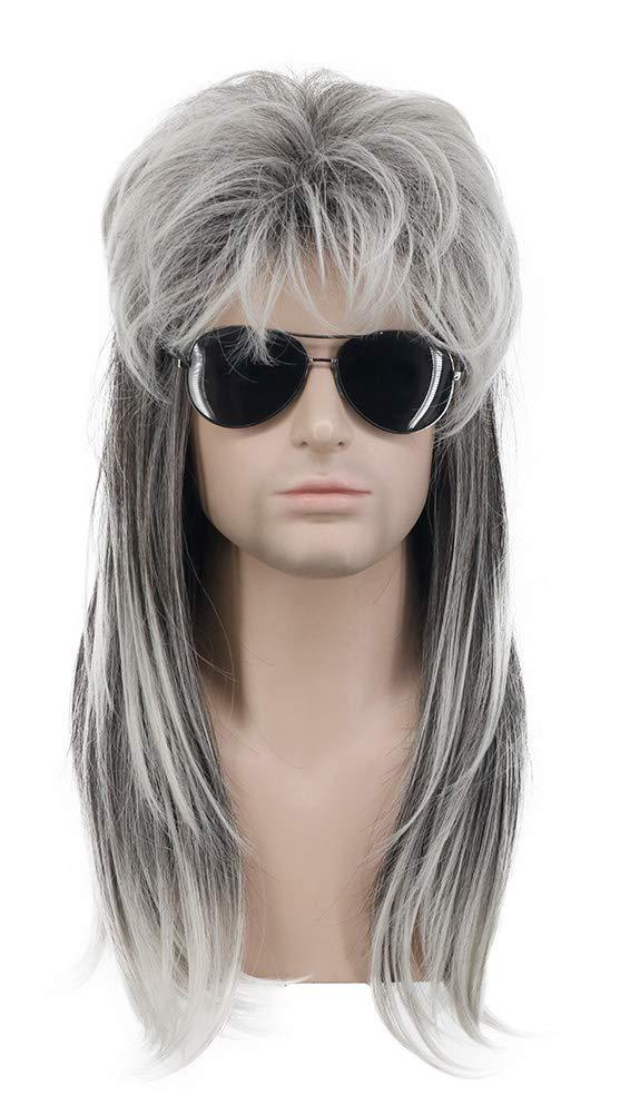 Karlery Men Mullet Wig Long Wave Grey and White 70s 80s Metal Rocker Party Wig Halloween Costume Wig