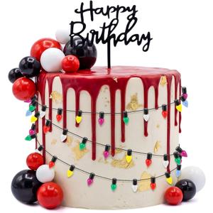 Gerrii 63 Pcs Stranger TV Cake Decorations with Happy Birthday Cake Topper Spooky Miniature Fairy Lights Black Red White Ball Toppers Set Red and Black Birthday Supplies for Horror Party Decor