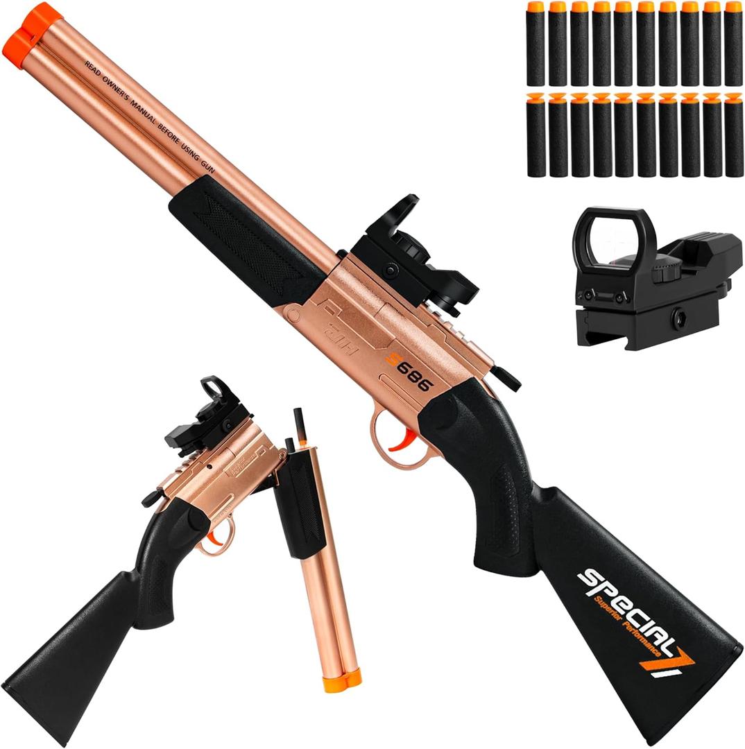 Toy Gun Double Barrel Shotgun Toy,with 20 Soft Bullet Darts, Toy Foam Blaster Foam Dart Blaster with Scope for Kids, Youth, Teen, Boys-Holiday for 8-12 Year (Gold)