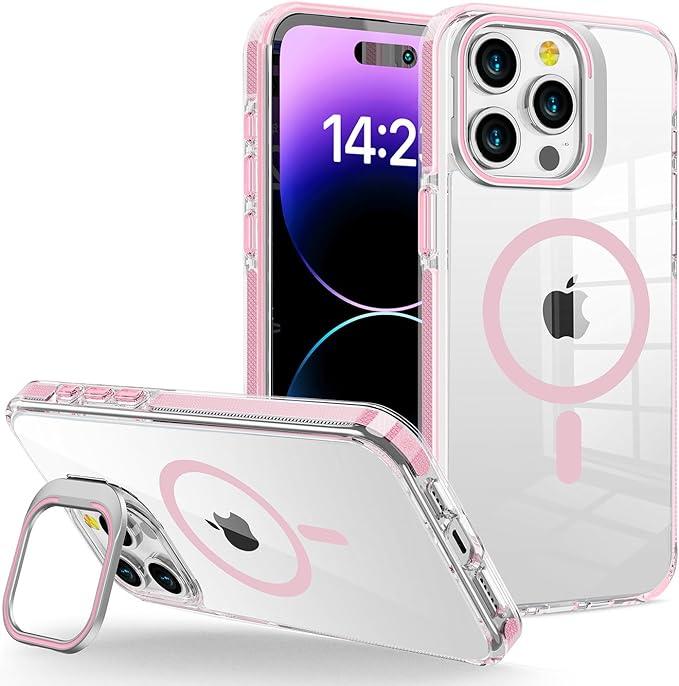 iPhone 15 Pro Case [Compatible With MagSafe], Magnetic Kickstand for Women Girls, 6.1", Clear Pink