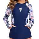 Halcurt Women Swim Shirt with Built in Bra Rash Guard with Pockets Thumb Hole Swimsuit Top Floral L