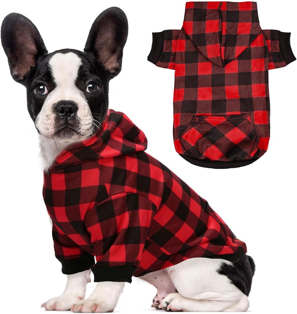 Red Plaid Dog Hoodie Soft Warm Fleece Lined Dog Sweater Hoodie with Leash Hole and Pocket Elastic Pet Coat Clothes Dogs Sweatshirt for Small, Size Dogs (Red A, Small)