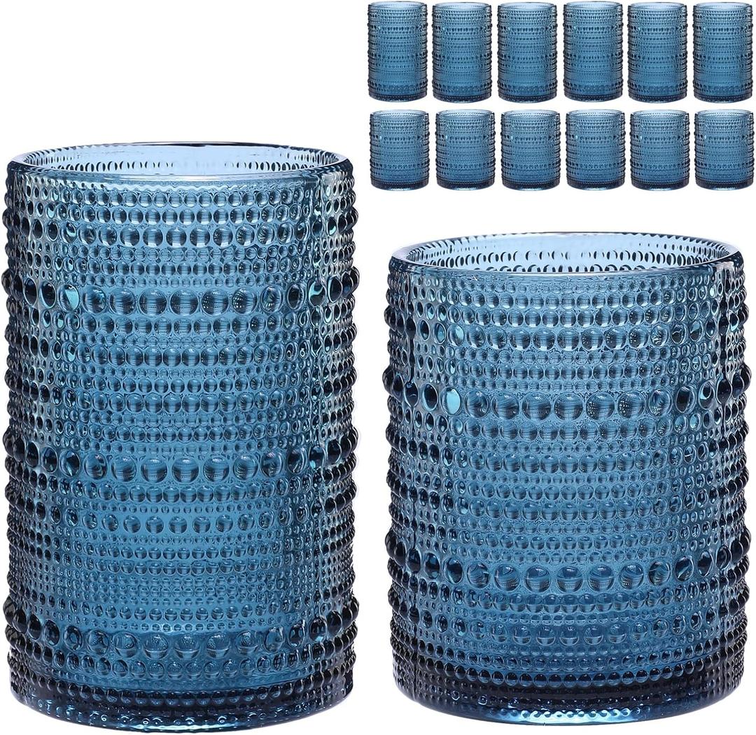Vintage Glassware Drinking Glasses Set of 12,Blue 12oz & 15oz Hobnail Glass Cups,Embossed Water Tumbler,for Beer,Cocktail,Whiskey,Juice and Various Mixed Drinks- 1 Cleaning Brush, Blue