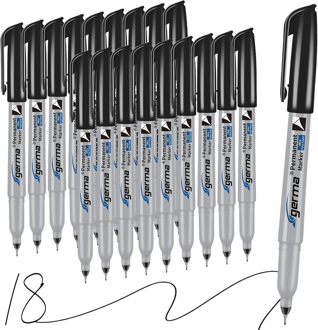Cgerma Ultra Fine Point Permanent Markers Black, 18 Pack Ultra Fine Tip Markers, Waterproof, Quickly Dry, No bleed, Works on Plastic, Wood,Stone, Metal and Glass for School Office Home