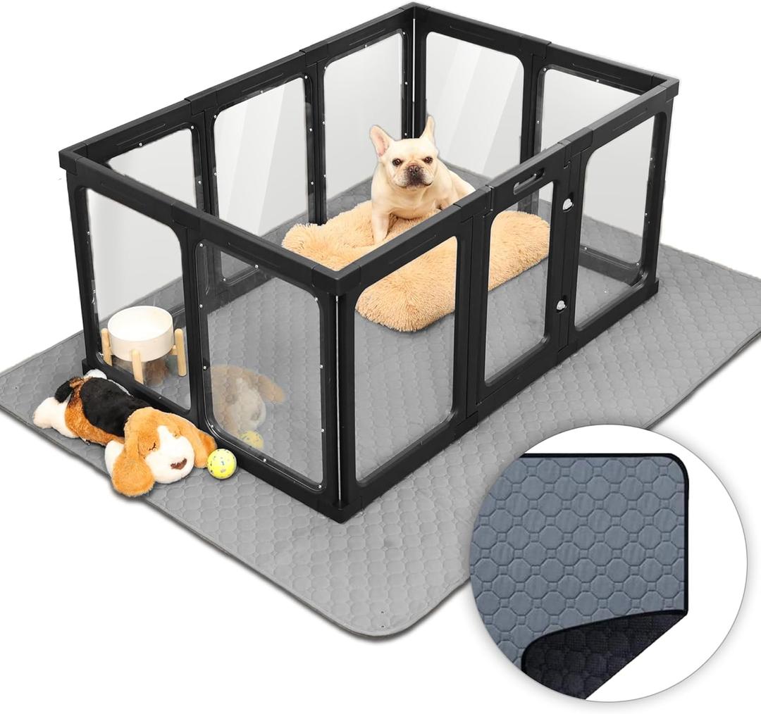 Qoility Clear Acrylic Dog Playpen, 8-Panel Pet Playpen with Door, Puppy Playpen, Indoor Clear Dog Play Pen, Easy Install, Black