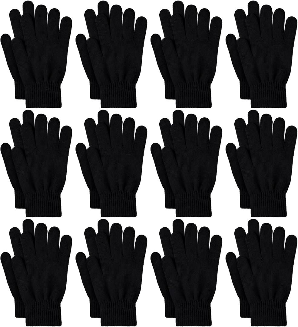 Glooarm 12 Pairs Winter Gloves Knit Warm Adult Stretchy Magic Gloves Bulk for Men Women Teens (Medium, Black)