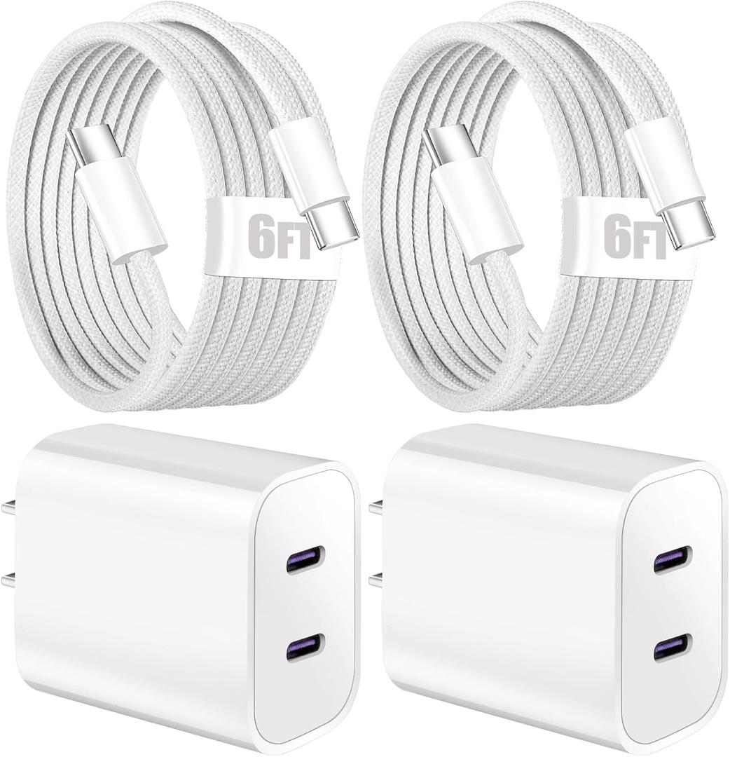iPhone 17 16 15 Charger Fast Charging,6FT Woven USB C Charger Fast Charging Cord,2Pack Dual Port USB C Chargers Block,Double Type C Chargers for iPhone 17/17 ProMax/17 Air/16 ProMax/16e,15 Pro/15 Plus