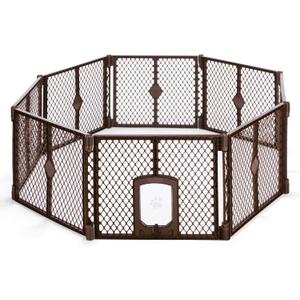 MyPet 8-Panel Petyard Passage: 6.5 ft. Wide 26 in. Tall Brown Freestanding Customizable Folding Pet Enclosure with Lockable Pet Door; Indoor/Outdoor Puppy Playpen Made in USA (Espresso)