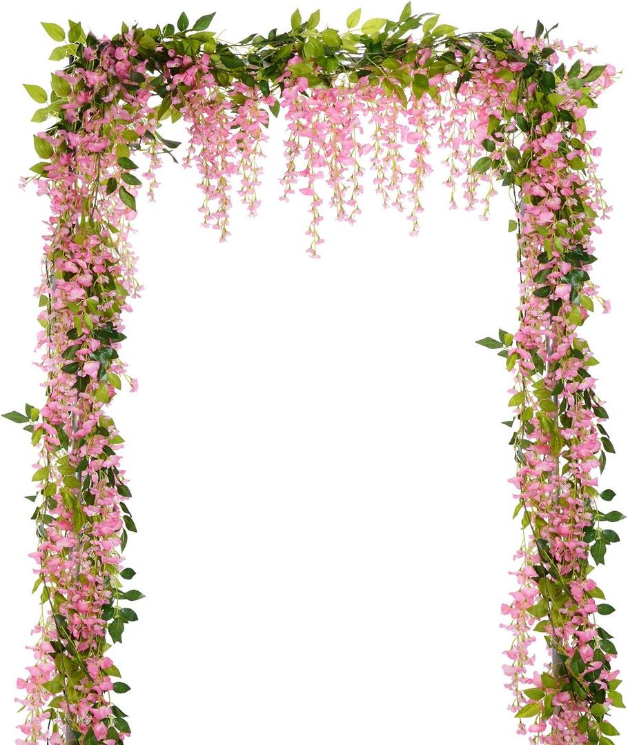 Lvydec Wisteria Artificial Flowers Garland, 4 Pcs Total 28.8ft Artificial Wisteria Vine Silk Hanging Flower for Home Garden Outdoor Ceremony Wedding Arch Floral Decor (Pink)
