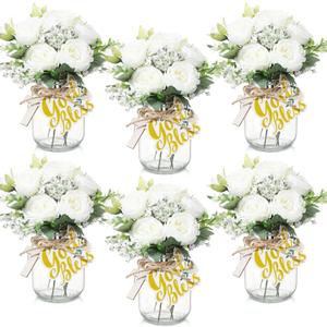 6 Sets Baptism Table Centerpiece Mason Jar First Communion Table Decoration with Flower Artificial Peony and Baby's Breath Flowers with Wooden Cross and Card for Baptism Baby Shower Wedding