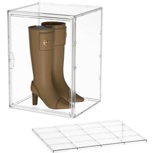 Attelite XXX-Large Clear Display Case Stackable Plastic Storage Bins with Lid, 2 Tiers Boot Shoe Box Organizers with an Adjustable Divider, Big Acrylic Display Storage Box with Magnetic Door