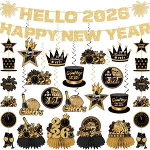 New Years Eve Party Supplies 2026, 20Pcs Black Gold Happy New Year Banner Set Include Glitter Hello 2026 Happy New Year Banner Hanging Swirls Honeycomb Centerpieces for New Years Decorations 2026