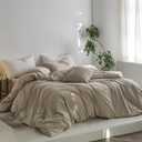 MooMee Striped Duvet Cover Set 100% Washed Cotton Linen Like Textured Breathable Durable Soft Comfy (Tannish Linen Grey White Wide Stripes, Cal King 104"x98")
