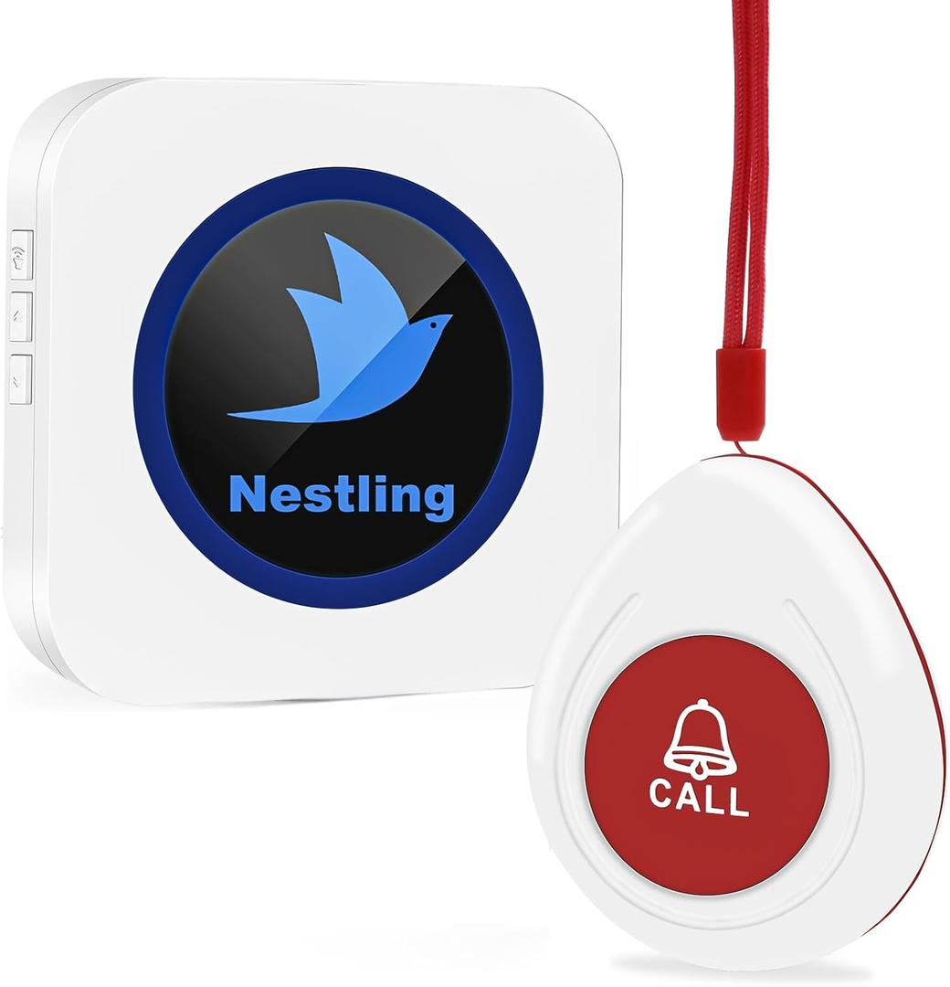 Nestling Wireless Caregiver Pager SOS Call Button Nurse Alert System Call Bell for Elderly Monitoring Patient Disabled 1 Waterproof Panic Call Button & 1 Plugin Receiver