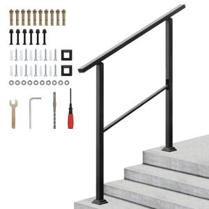Handrails for Outdoor Steps Fits 3-4 Steps, Black Outdoor Wrought Iron Stair Railing for Ramps Porches, Adjustable Transitional Range from 0 to 60 Staircase Handrails with Complete Installation Kit