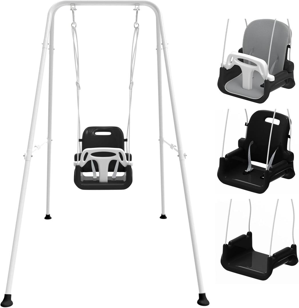 Toddler Swing with Soft Cushion, Foldable Indoor & Outdoor Baby Swing, Easy to Install & Store for Backyard Play (Black)