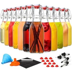 12 Pack 8.5oz Flip Top Glass Bottles, Swing Top Beer Brewing Bottle for 2nd Fermentation, Kombucha, Kefir, Vanilla Extract, Coquito, Juice, Tea - Airtight Stopper Cap Lid, Bonus 4 Bottle Pourers