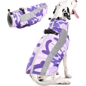 FUAMEY Dog Winter Jackets for Large Dogs, Dog Coat with Harness Built in, Waterproof Dogs Snowsuits Warm Pet Jacket Zip Up Fleece Cold Weather Coats Reflective Puppy Vest with Pocket Blue 3XL (Large(chest:24in), purple)