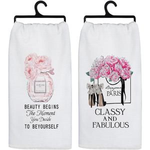 Pink and Black Bathroom Hand Towels, Trendy Funky Floral Handbag High-Heel Perfume Decorative Hand Towels for Bathroom, Fashionable Girly Kitchen Dish Tea Towels, 16x24 Inch Set of 2
