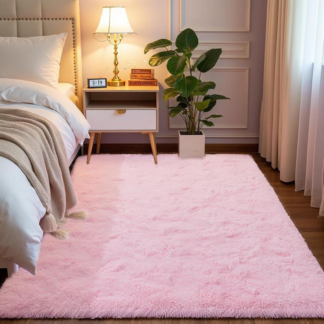Softlife Light Pink Area Rug for Bedroom, Fluffy Shag Plush Rugs for Living Room Girls, Shaggy Throw Soft Fuzzy Small Kids Carpet for Dorm Bedside Ultra Cozy Non-Slip Indoor Decor, 4x5.3 Feet