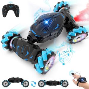 Pristar RC Cars Gesture Sensing Stunt Car, Best Gifts for Boys 6-12, 2.4Ghz Remote Control Car Toys for Boys Age 6 7 8 9 10 11 12, Double Sided Flip 360 Rotate 4WD Off-Road with Spray Lights Music (Blue-black)