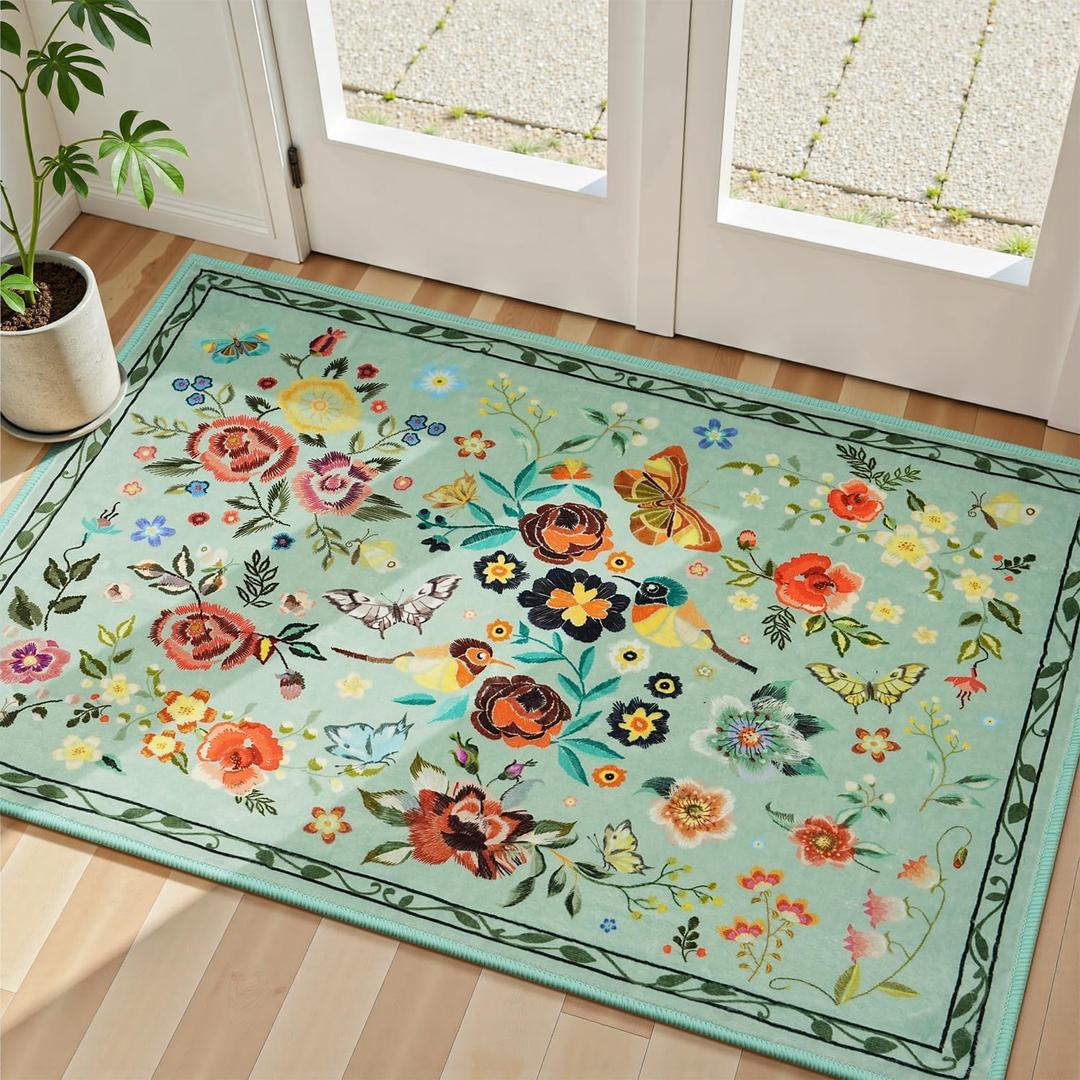 Rugflix 2x3 Small Area Rugs for Entryway, Washable Entrance Door Mat Non-Slip, Soft Low Pile Stain Resistant Vintage Floral Indoor Throw Rug for Kitchen, Bedroom, Hallway, Green