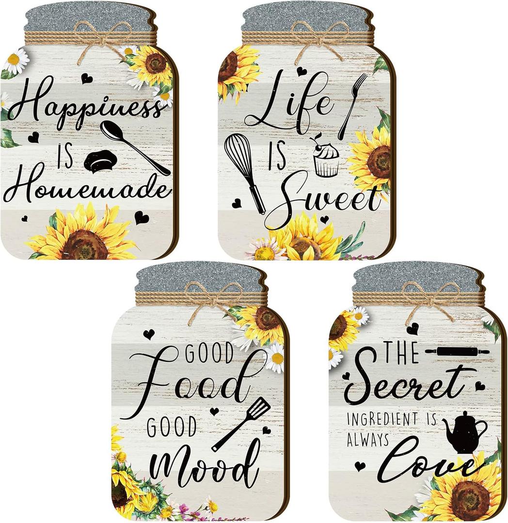 Qunclay 4 Pcs Kitchen Wall Decor Mason Jar Set Wooden Rustic Room Signs Farmhouse Decorations Wall Art Hanging Plaque 6 x 4 Inch(Sunflower)