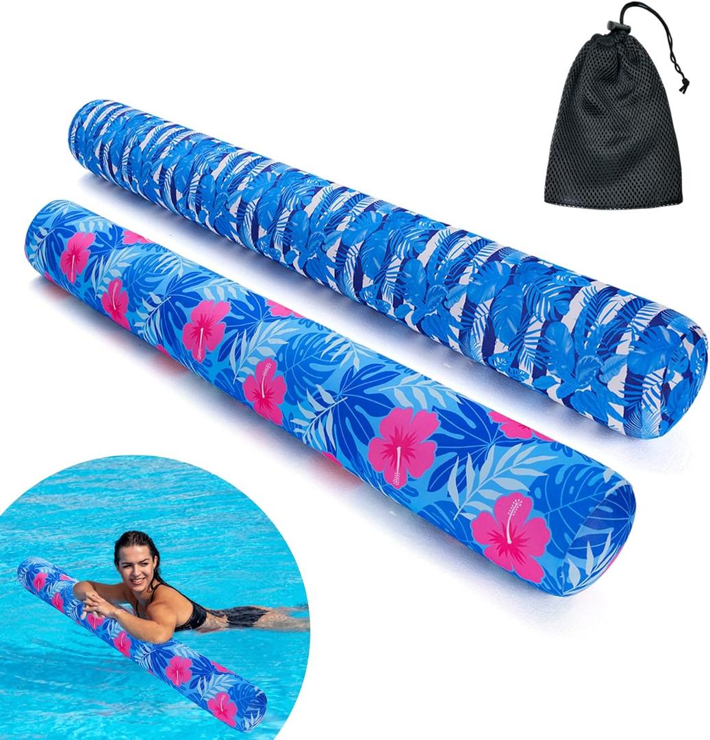 Inflatable Swimming Pool Noodle, 2 Pack Soft Fabric Quick Drying Covered Large Pool Floats Noodles, Premium Buoyancy Swim PoolFloats with Portable Storage Bag for Pool Party Toy (A-Tropical/Plants)