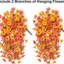 2 PCS Artificial Faux Fall Hanging Flowers Plants for Outdoor Decor,Fake Silk Morning Glory with Eucalyptus UV Resistant Mums for Wall Home Porch Patio Balcony Yard Indoor Decor (Fall Orange+Yellow)