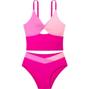 Girls Swimsuit Color Block Girls Bathing Suit Twist Tankini Set Two Piece Girl Swimwear Bikini Set for 9-16 Years (17-18 Years, Pink)