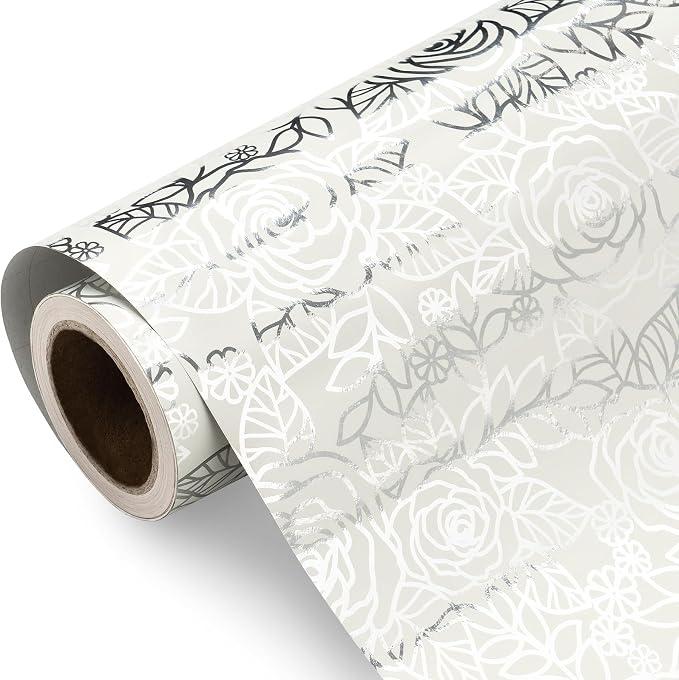RUSPEPA Wedding Wrapping Paper Roll, Mini Roll, Silver Foil Floral Rose Design Elegant Gift Wrap Paper for Bridal Shower, Engagement, Anniversary, Wedding, Valentines Day, 17 In x 9.8 Ft