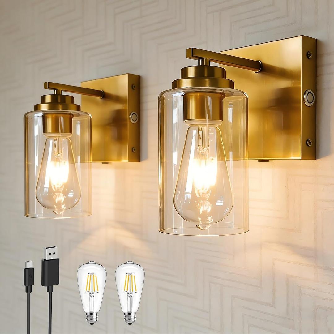 Gold Battery Operated Wall Sconce Set of 2, Wireless Brass Wall Sconces, Rechargeable LED Dimmable Wall Light for Bedroom Bathroom Hallway Living Room Entryway Stairwell,3000K