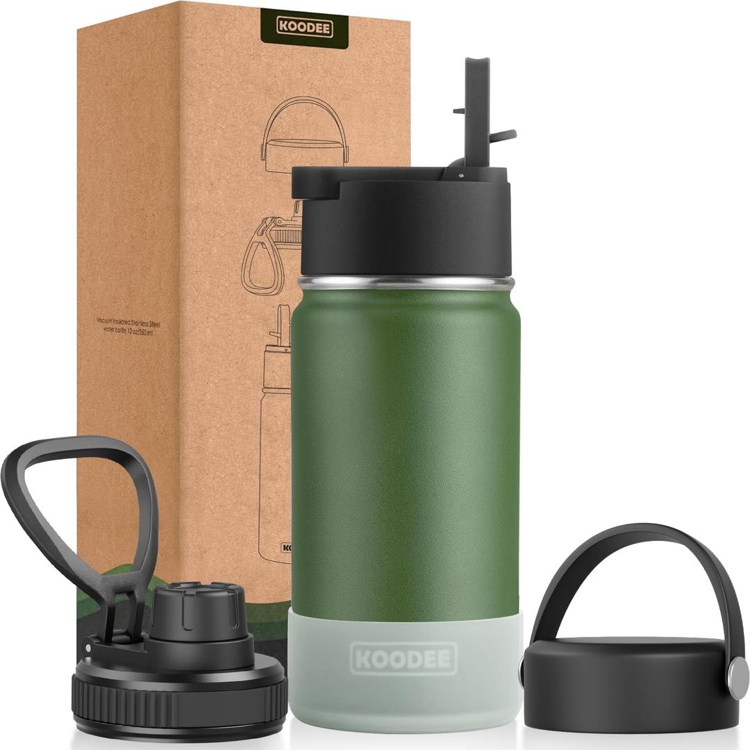 12 oz Water Bottle for Kids School-Reuasble Stainless Steel Vacuum Insulated Wide Mouth Water Bottle for Travle Sports (Grass Green)