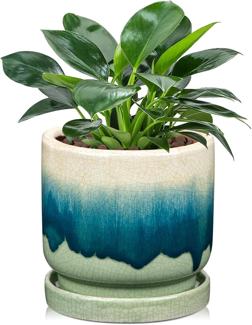 Oairse Ceramic Pot for Plants 5.5 inch Pots for Plants Small Planter Pot with Drainage Hole and Saucers Gradient Dark Teal Outdoor Inoor Flower Pots for Succulent, Cactus, Snake Plant, Herb