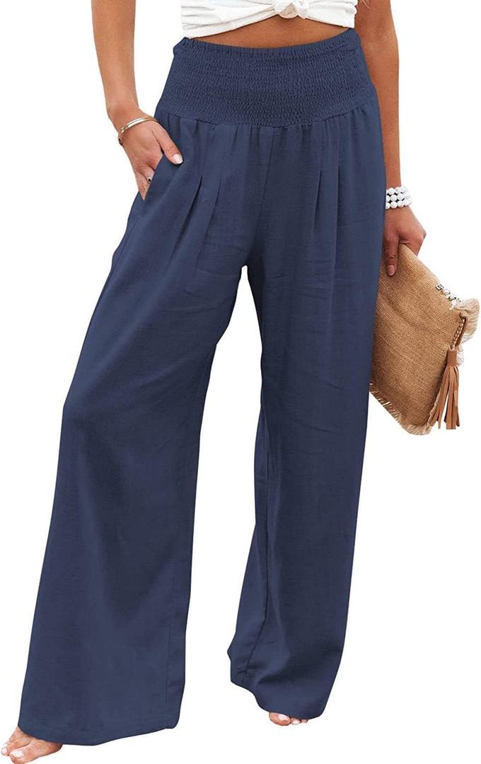 Women Palazzo Pants for Women Summer Boho Wide Leg High Waist Casual Lounge Pant 2025 Beach Travel Vacation Outfits (Large, Navyblue)